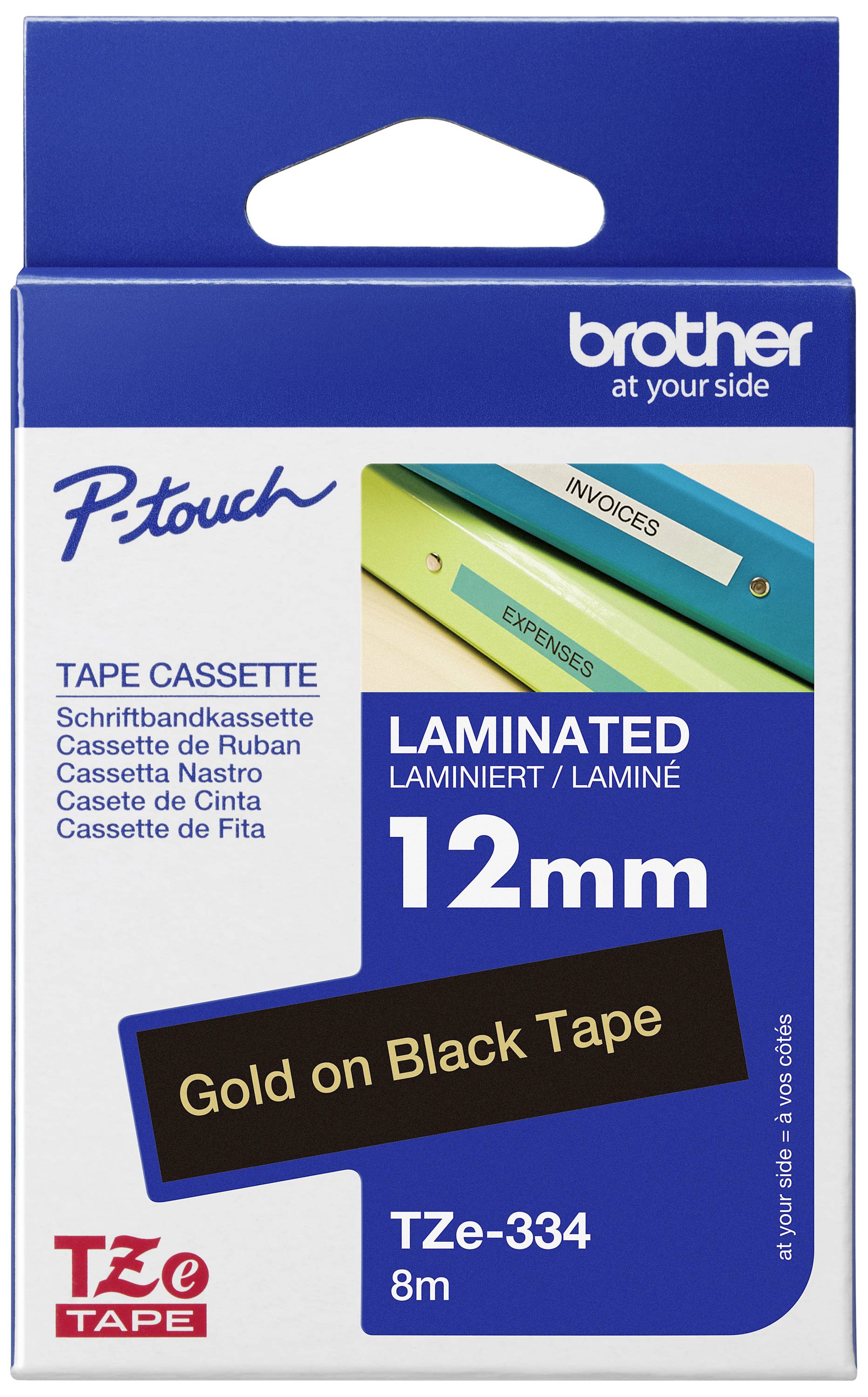 Brother TZe-334 Märkband PET Bandfärg: Svart Skriftfärg: Guld 12 mm 8 m